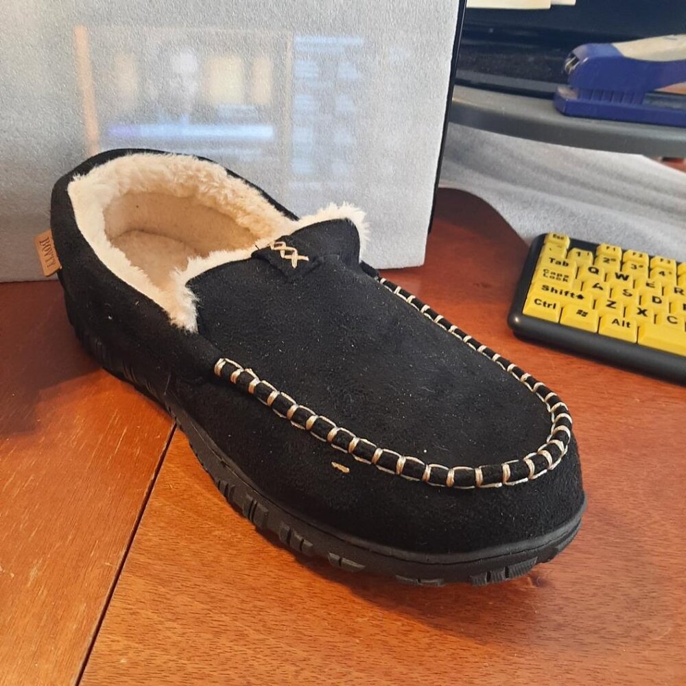 NEW ! Bovty Slippers Men Moccasins Memory Foam Slip On Loafter Black Wool Sz13W